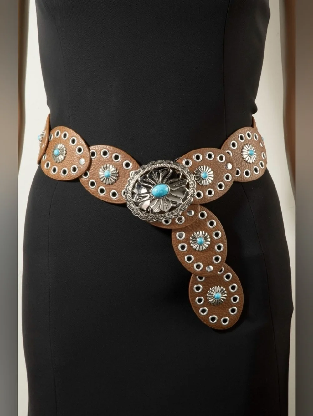 Western Turquoise Concho Disc Leather Belt - Picture 6 of 7